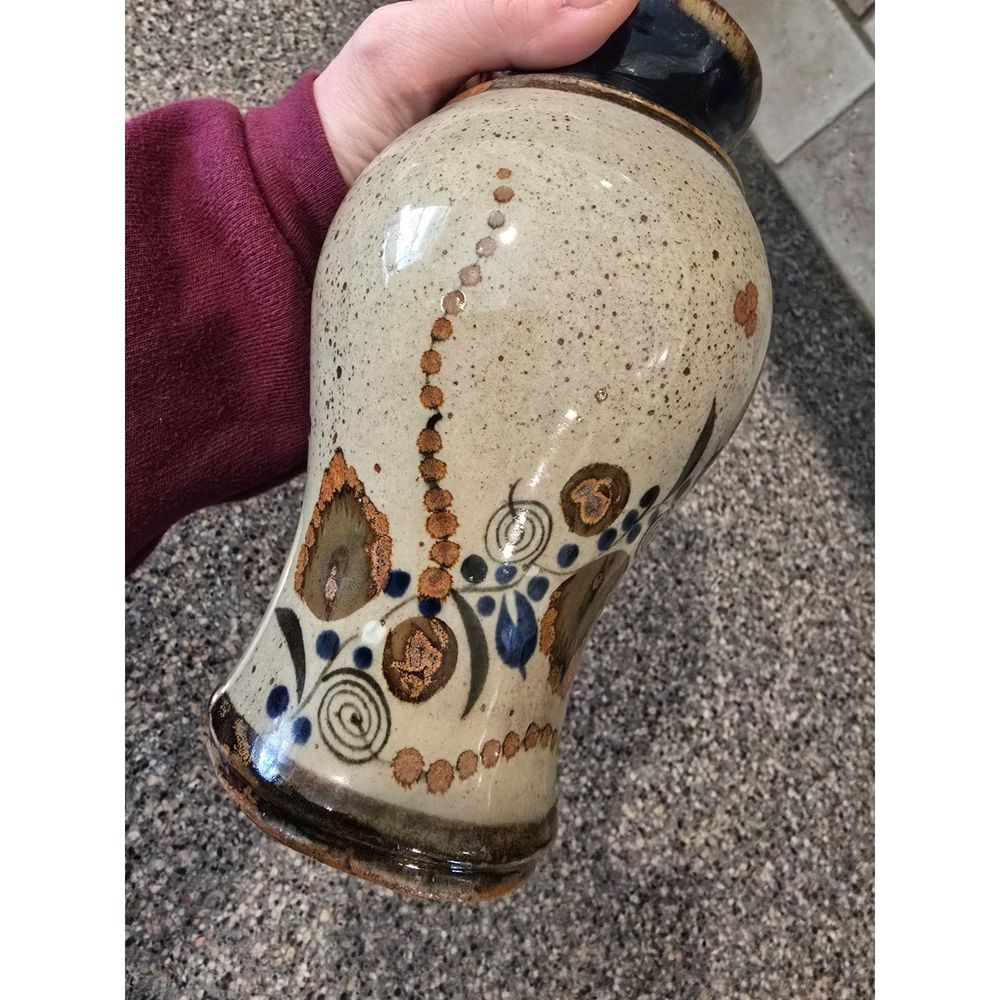 Handmade Tonala Mexico Hand Painted Pottery Jar Vase Speckled Blue/Brown 7 in